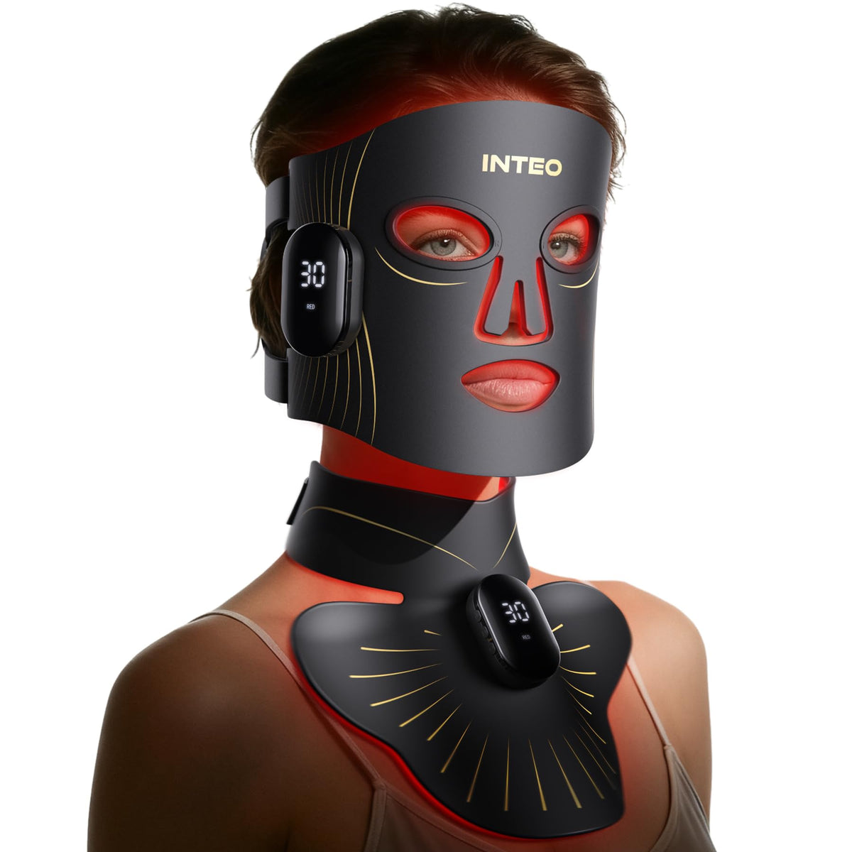 INTEO red light mask shows full face and neck coverage with 680 beads