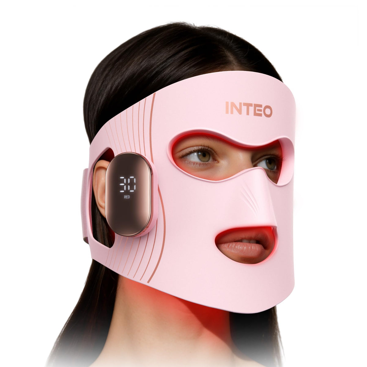 INTEO red light mask on the forehead for at-home light therapy
