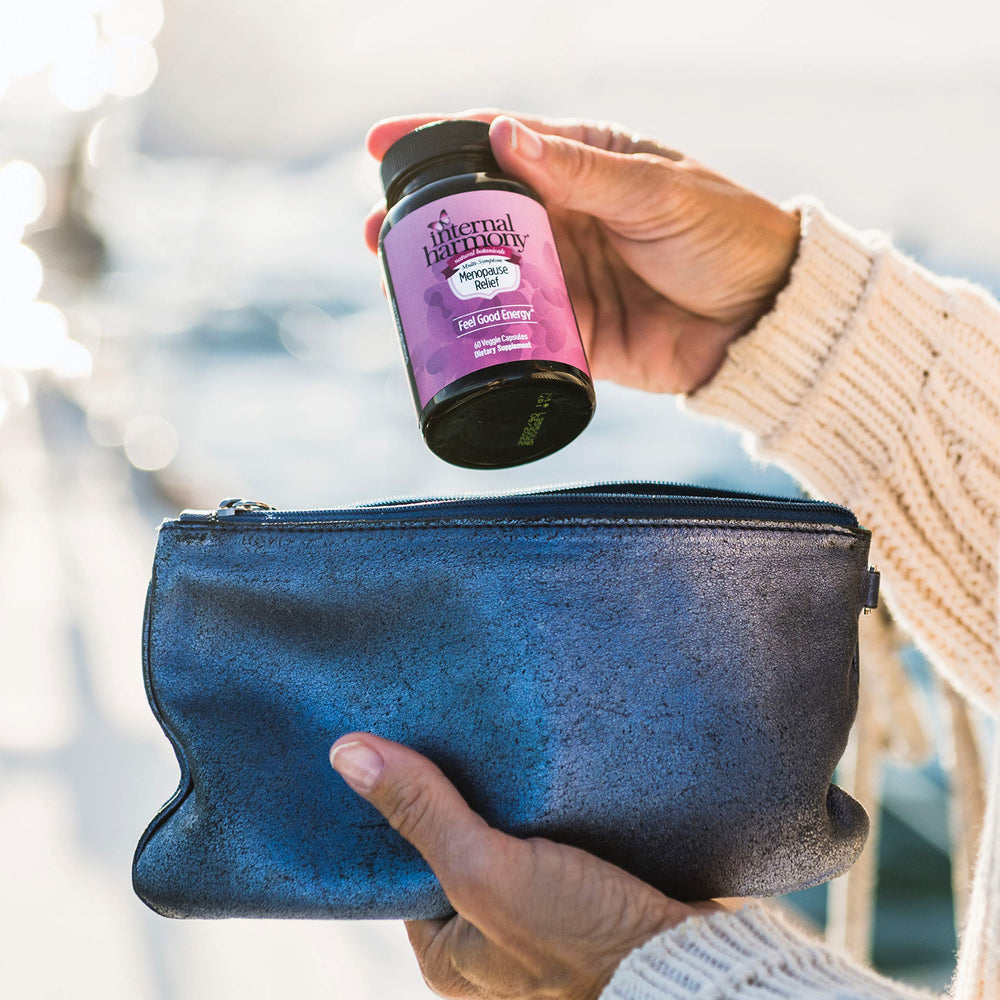 Internal Harmony Hot Flash Relief bottle features genistein and black cohosh for on-the-go comfort.