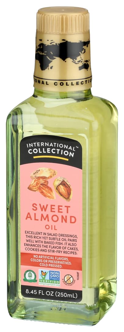 International Collection Almond Oil dish background with drizzle for baked fish pairing.