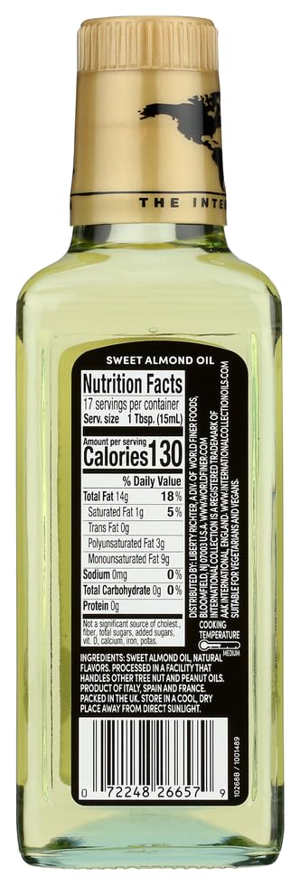 International Collection Almond Oil label closeup highlighting natural ingredients and purity.