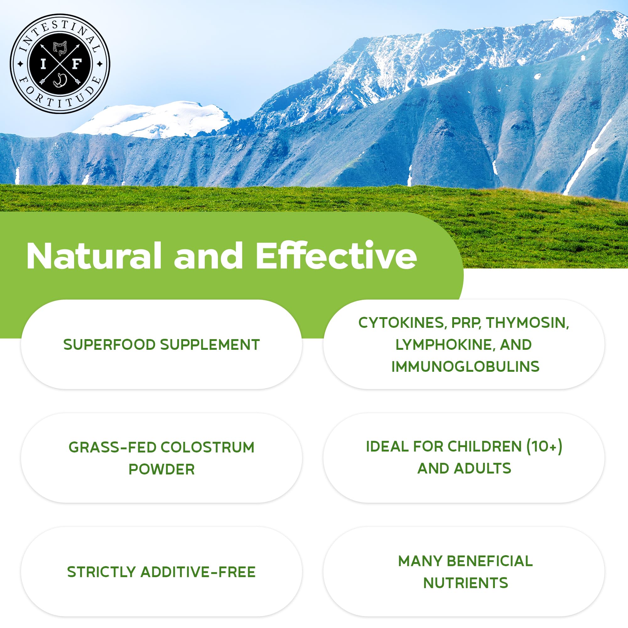 New Zealand-sourced Intestinal Fortitude colostrum powder highlights additive-free ingredients.