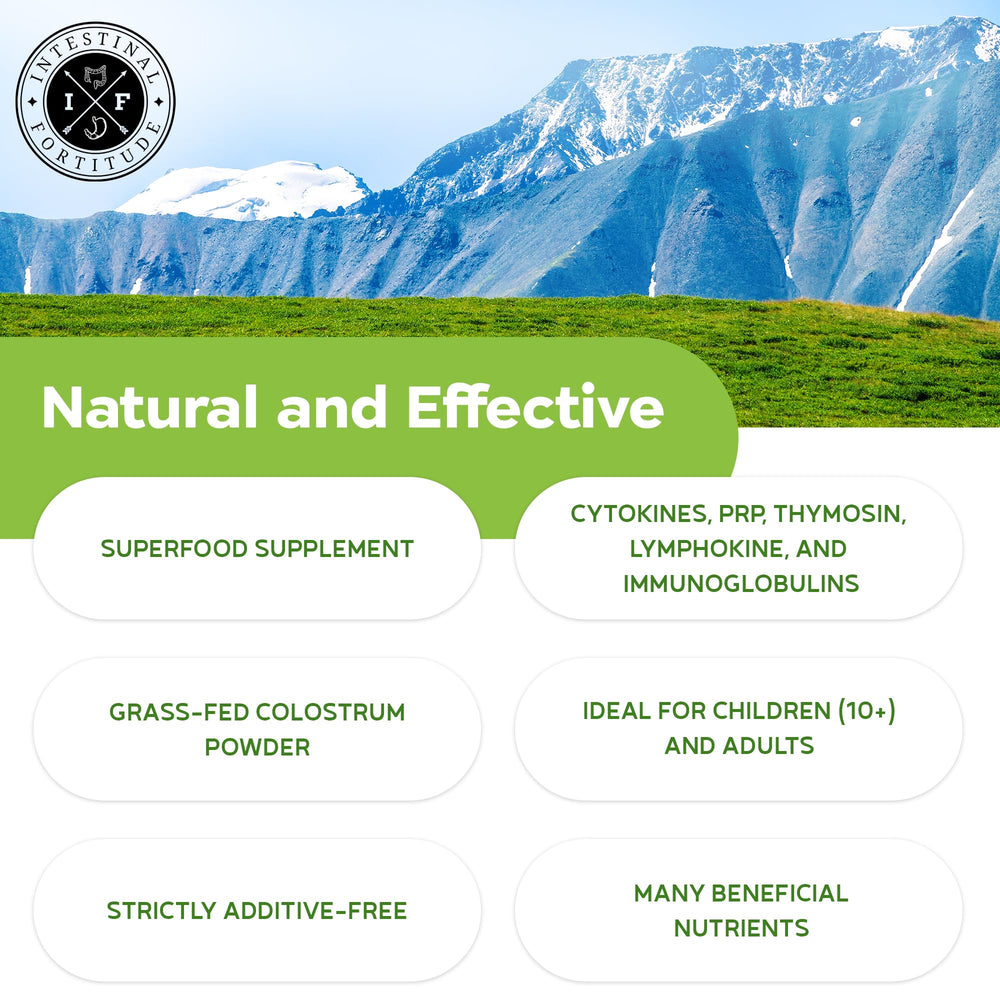 New Zealand-sourced Intestinal Fortitude colostrum powder highlights additive-free ingredients.