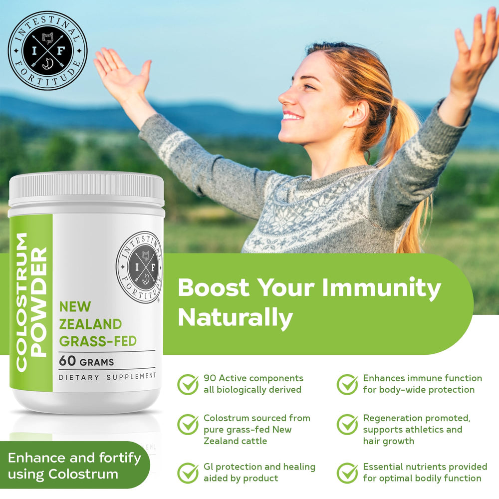Texture close-up of Intestinal Fortitude colostrum powder, fine and blendable.