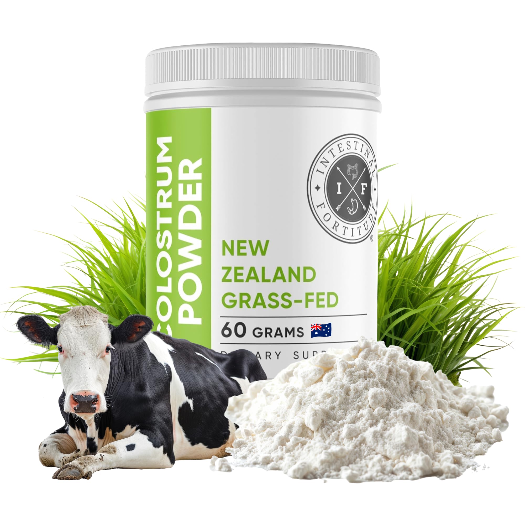 Intestinal Fortitude colostrum powder tin packaging shows grass-fed NZ sourcing for immune and gut support.