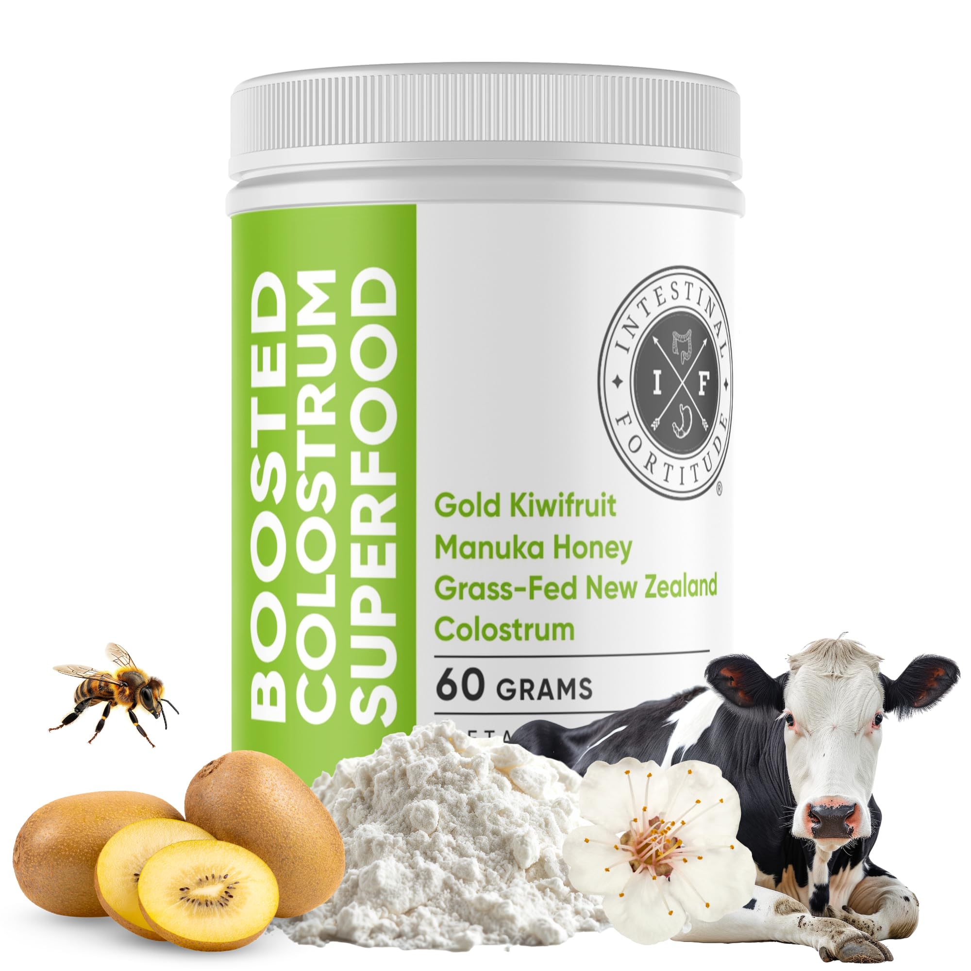 Intestinal Fortitude colostrum supplement bottle highlighting daily immune and digestion support.