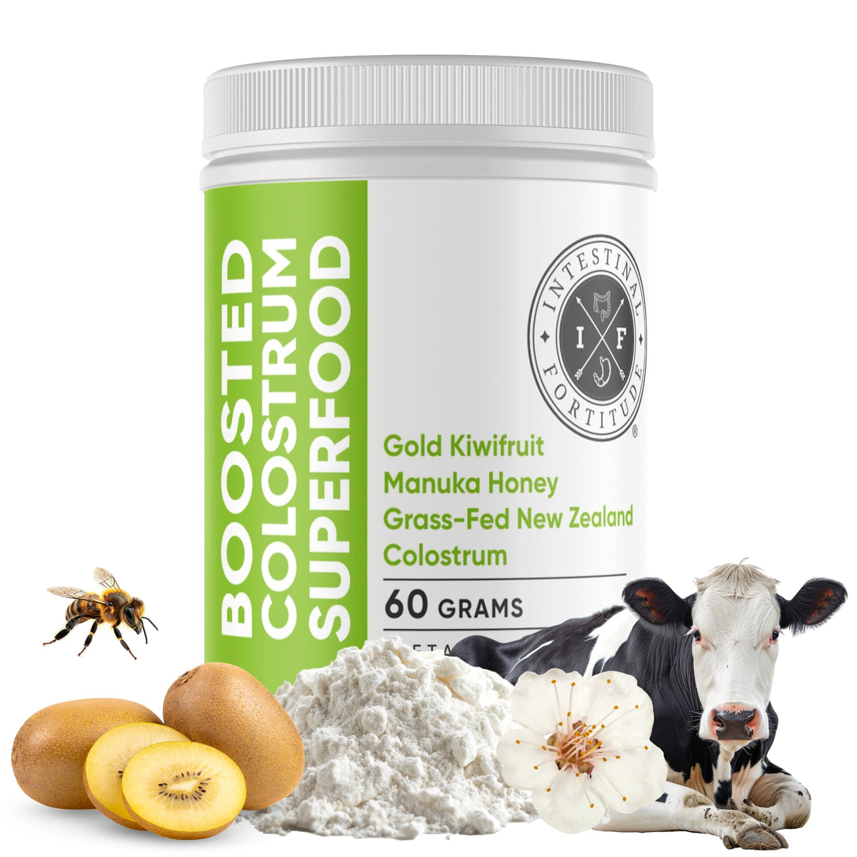 Intestinal Fortitude colostrum supplement bottle highlighting daily immune and digestion support.