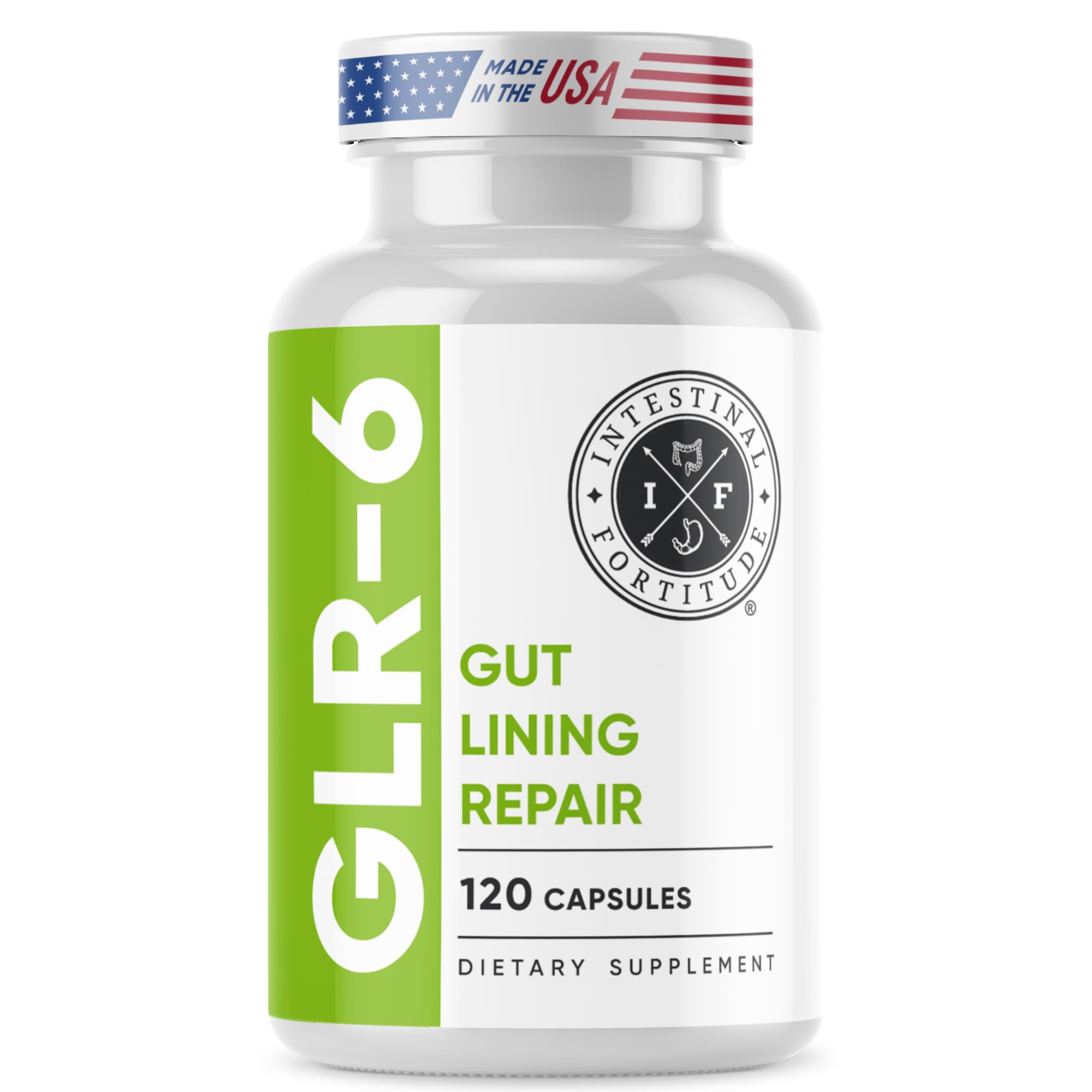 Intestinal Fortitude GLR-6 bottle supports gut comfort as part of a daily routine.