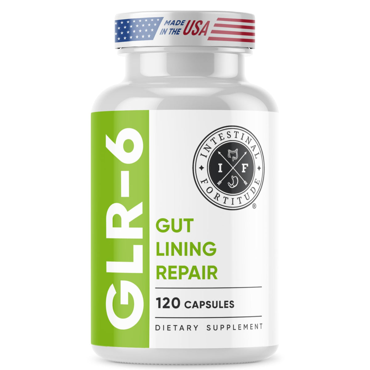 Intestinal Fortitude GLR-6 bottle supports gut comfort as part of a daily routine.