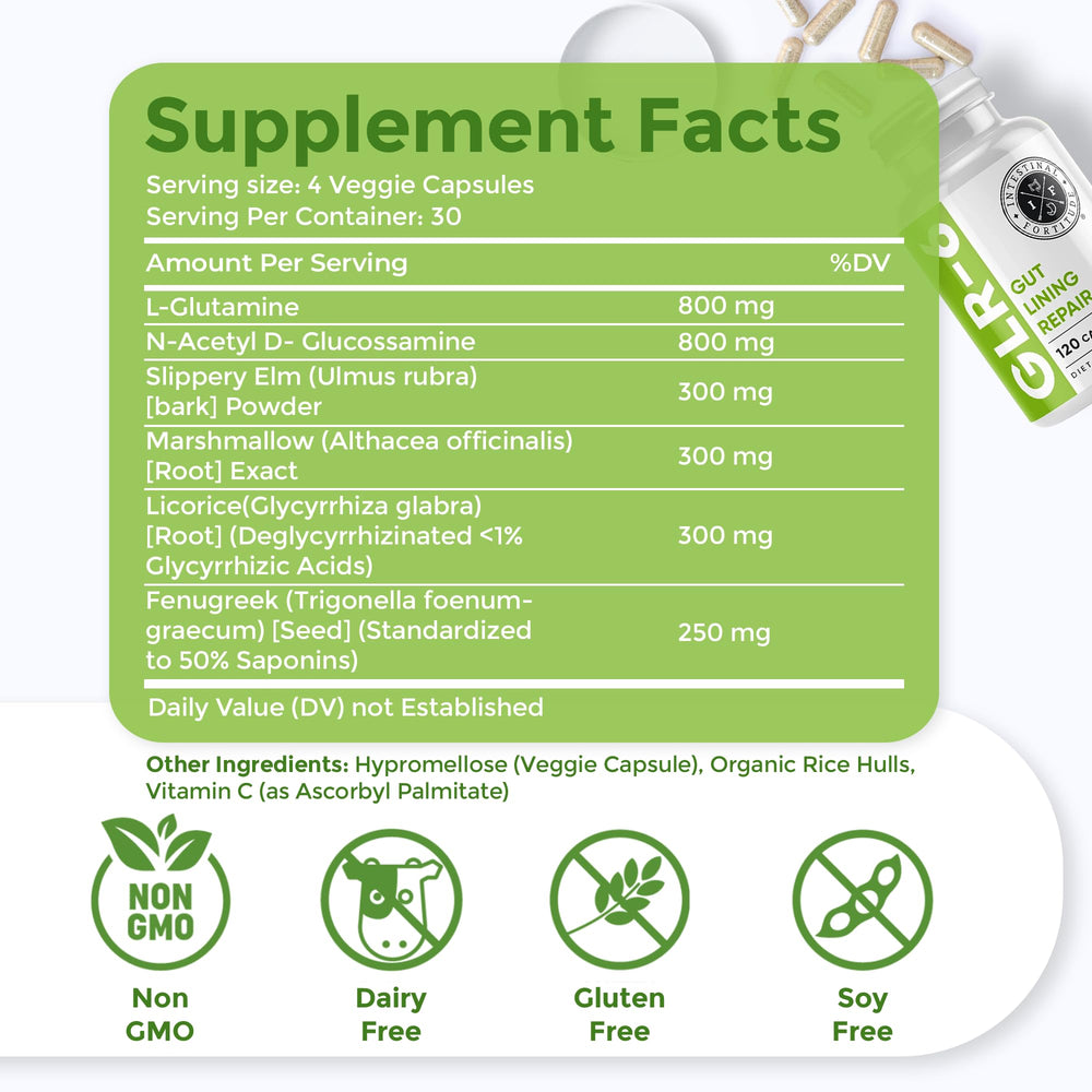 Intestinal Fortitude GLR-6 capsules closeup highlighting a potent gut-support formula.