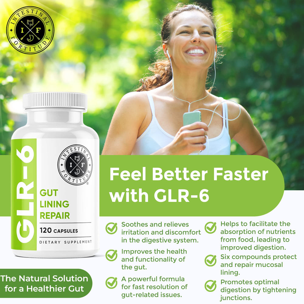Intestinal Fortitude GLR-6 ingredient panel featuring L-glutamine for gut support.