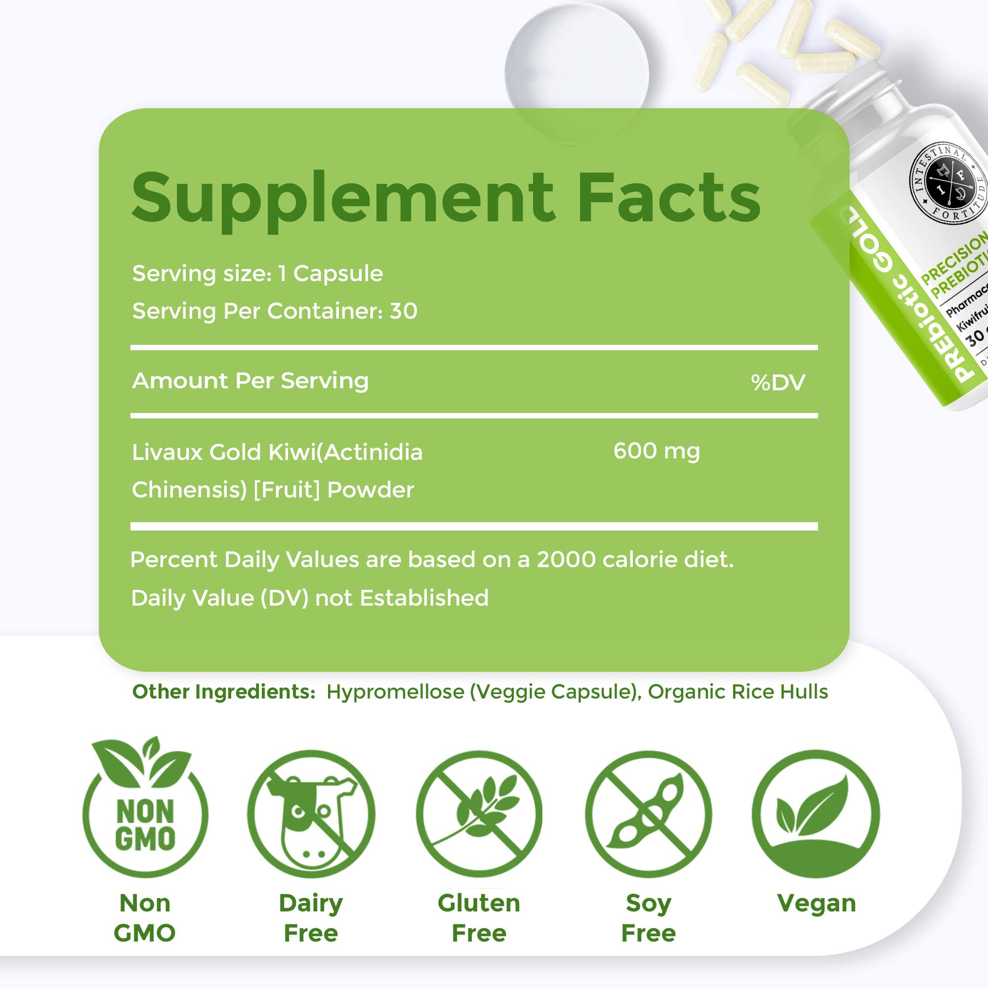 Intestinal Fortitude kiwifruit powder scoop showcases natural prebiotic blend for gut balance