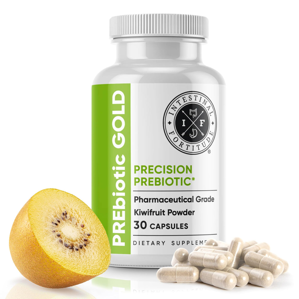 Intestinal Fortitude PREbiotic Gold bottle label highlights dairy-free gut support