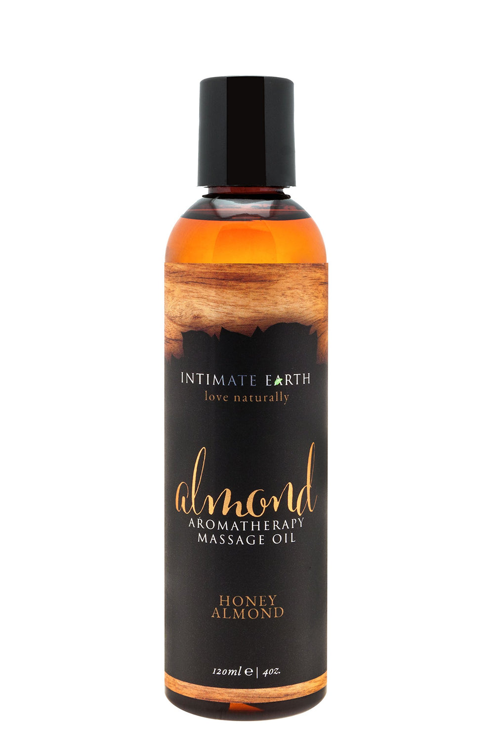 Intimate Earth Almond Massage Oil bottle for soothing post-shower massage and silky skin.