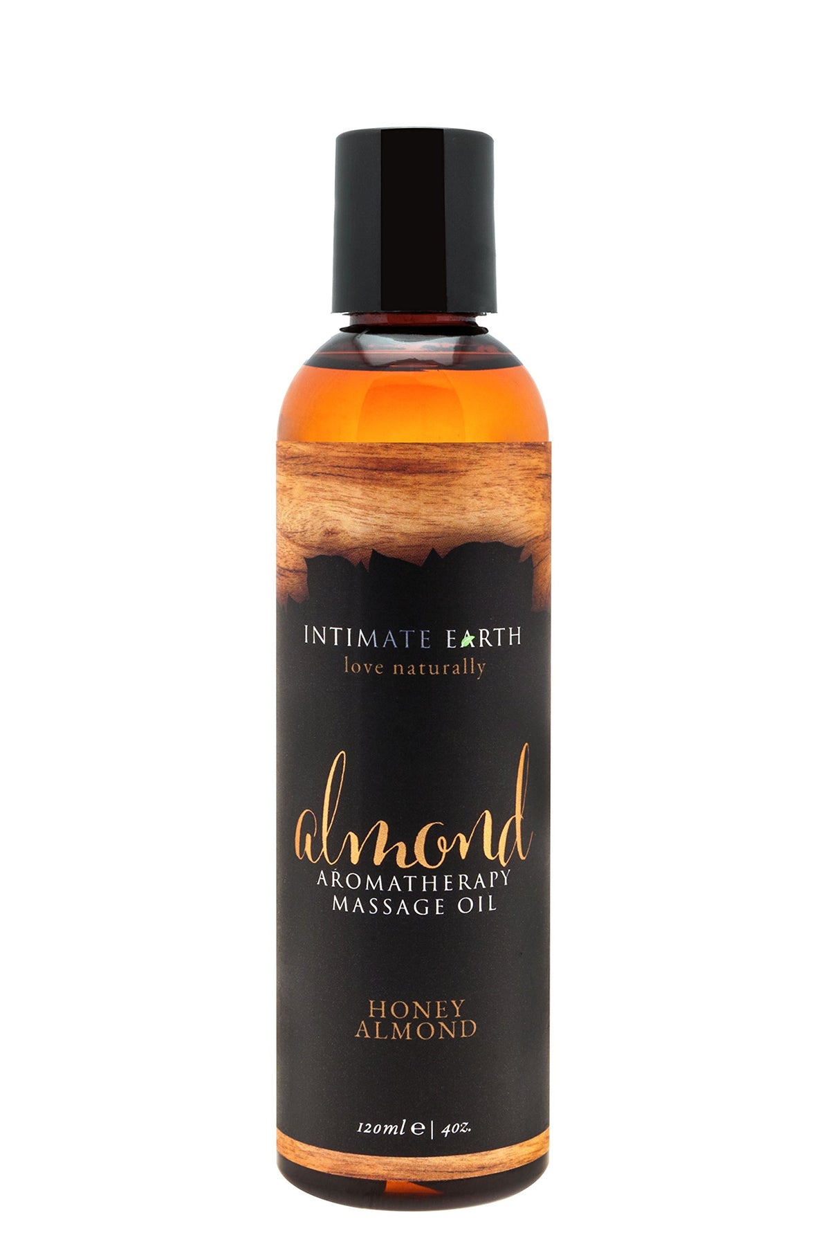 Intimate Earth Almond Massage Oil bottle for soothing post-shower massage and silky skin.