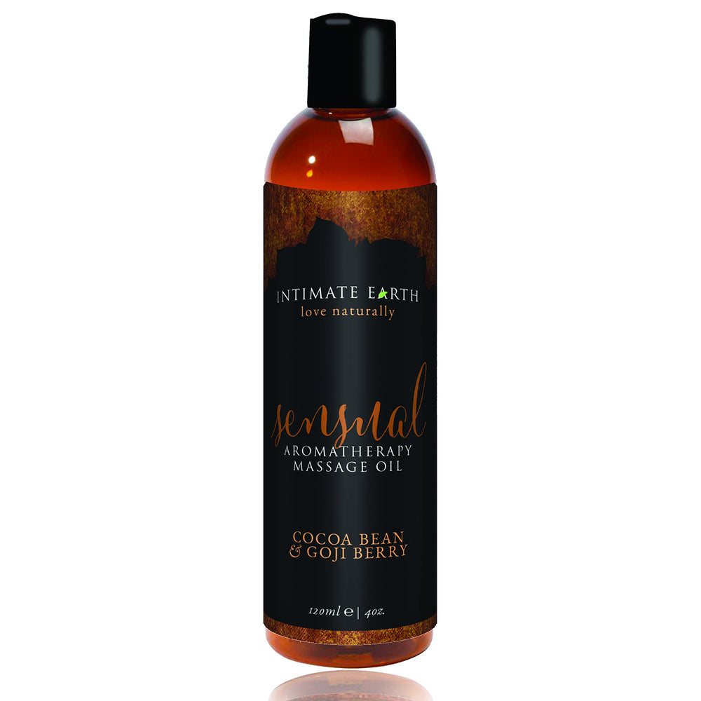 Intimate Earth Sensual Massage Oil bottle with flip cap offering silky glide for romantic massage.