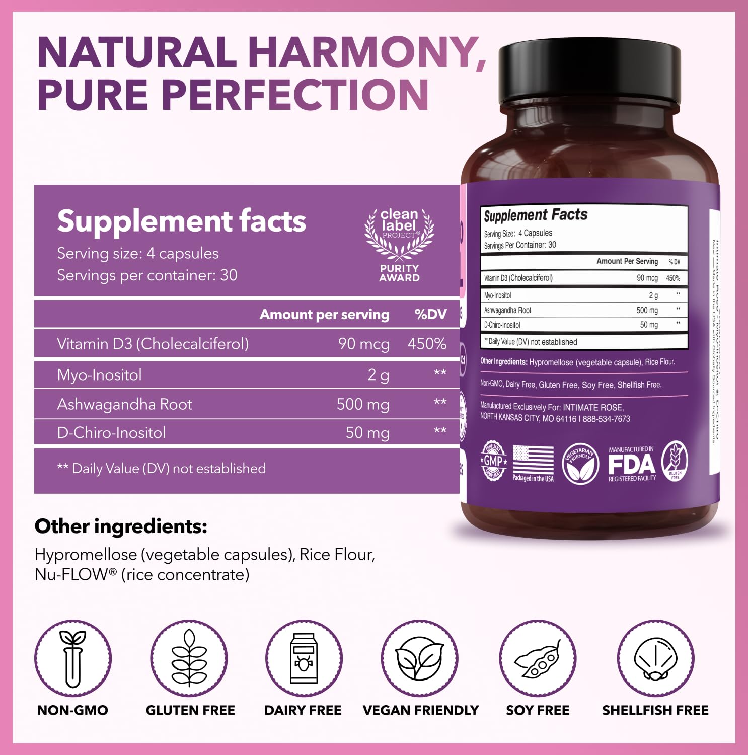 Intimate Rose daily-use setup with capsules and a glass of water.
