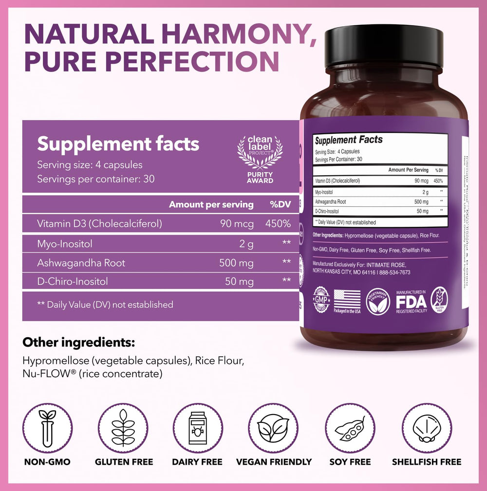Intimate Rose daily-use setup with capsules and a glass of water.