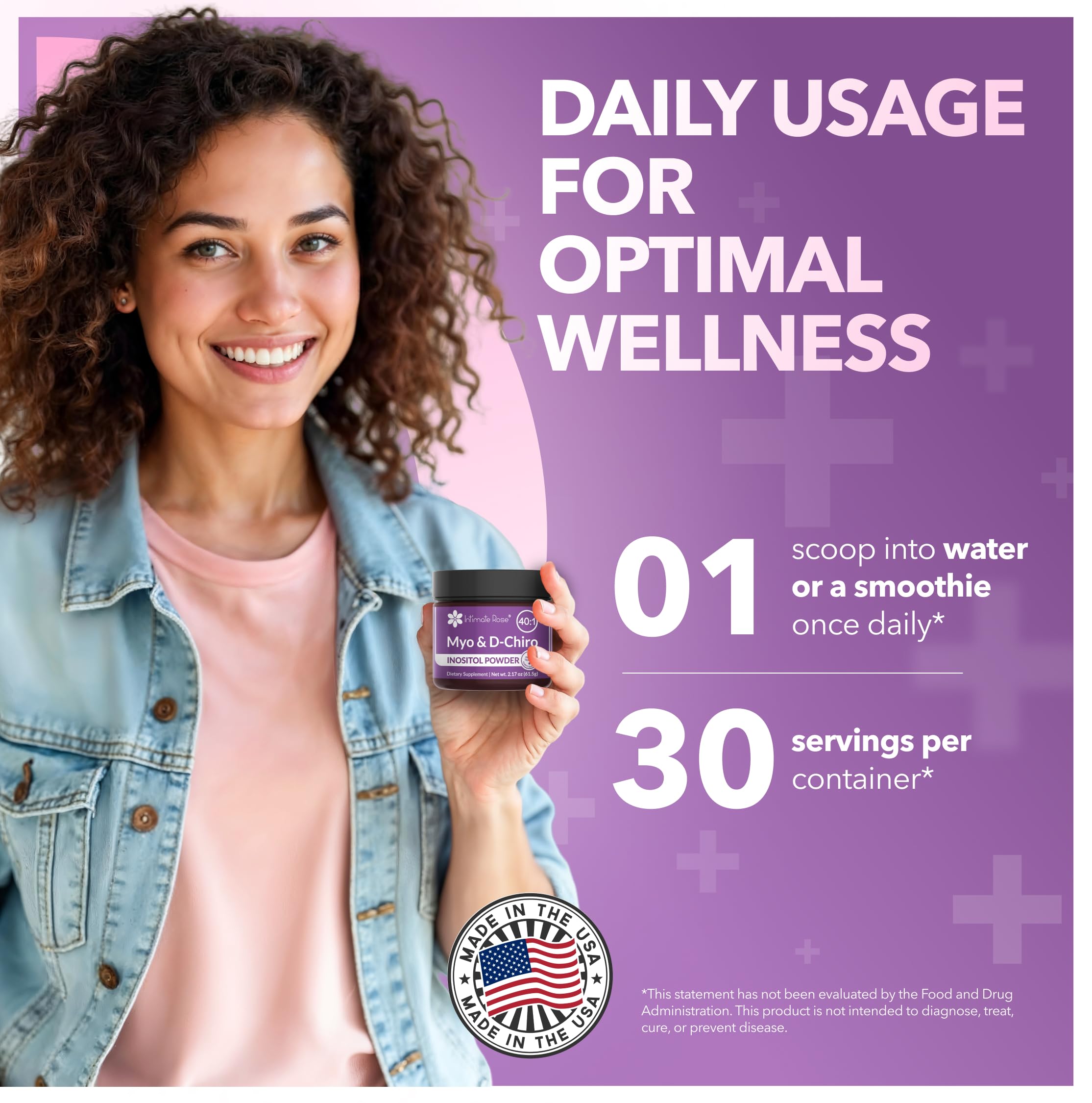 Intimate Rose Inositol powder scoop promotes easy daily use and proper dosing.