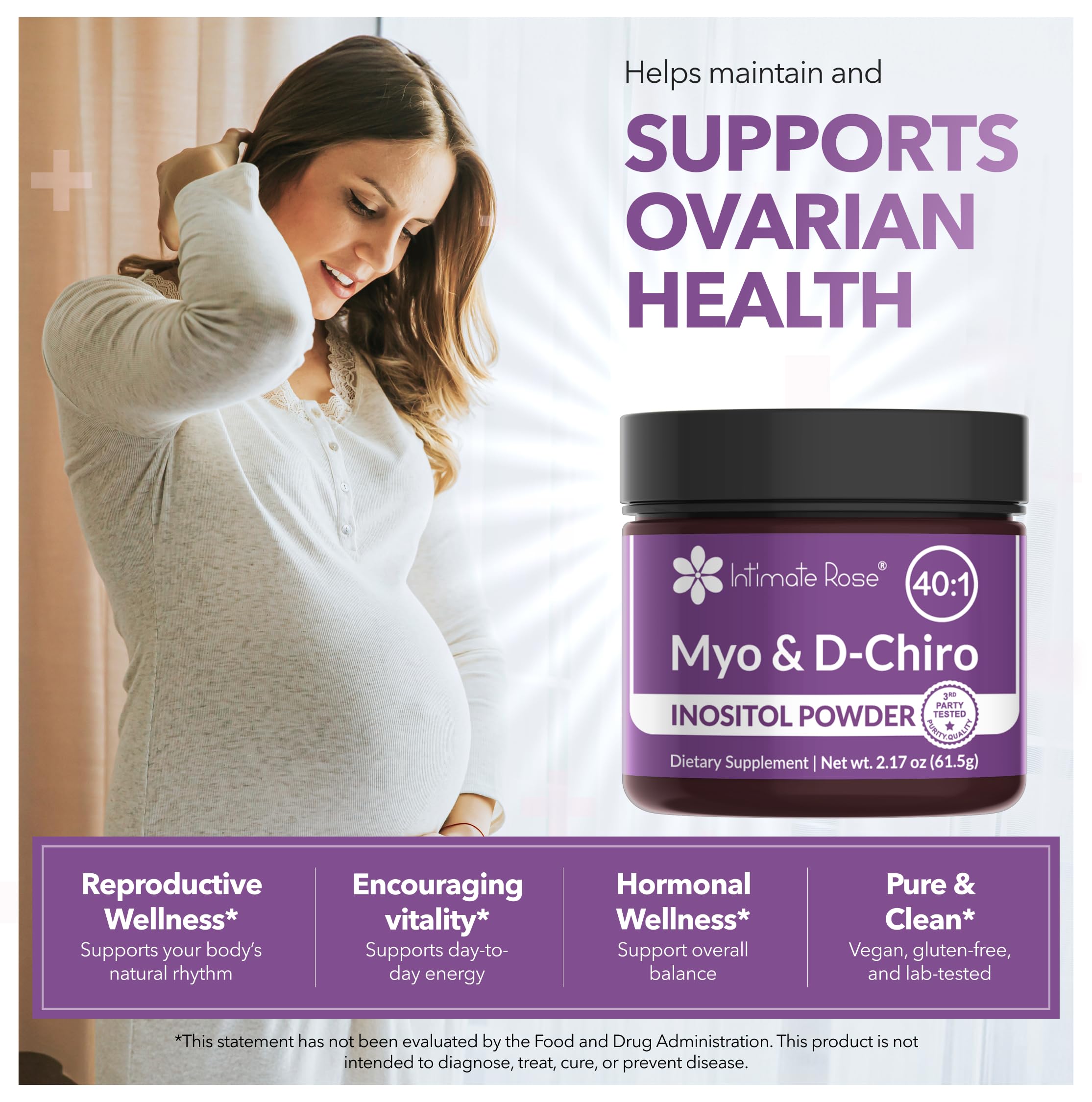 Intimate Rose Inositol powder label highlights vegan, non-GMO ingredients for clean supplementing.