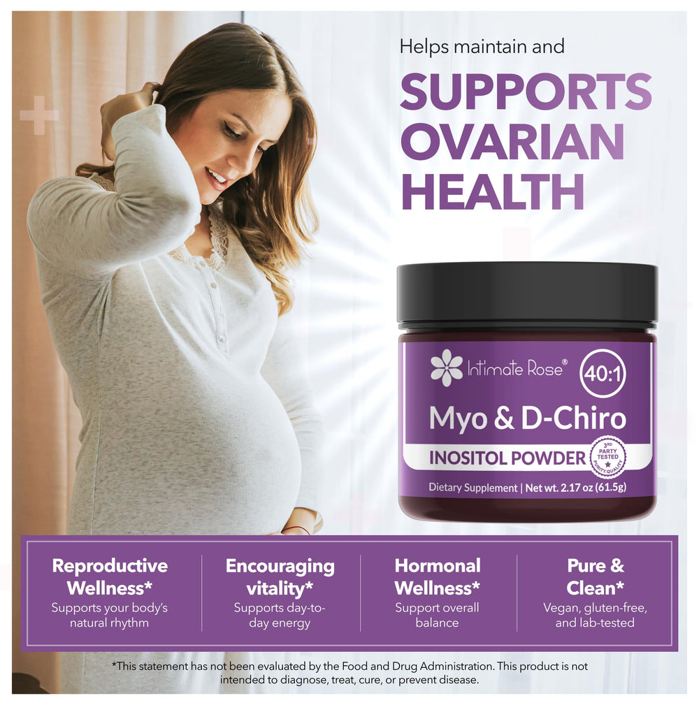 Intimate Rose Inositol powder label highlights vegan, non-GMO ingredients for clean supplementing.