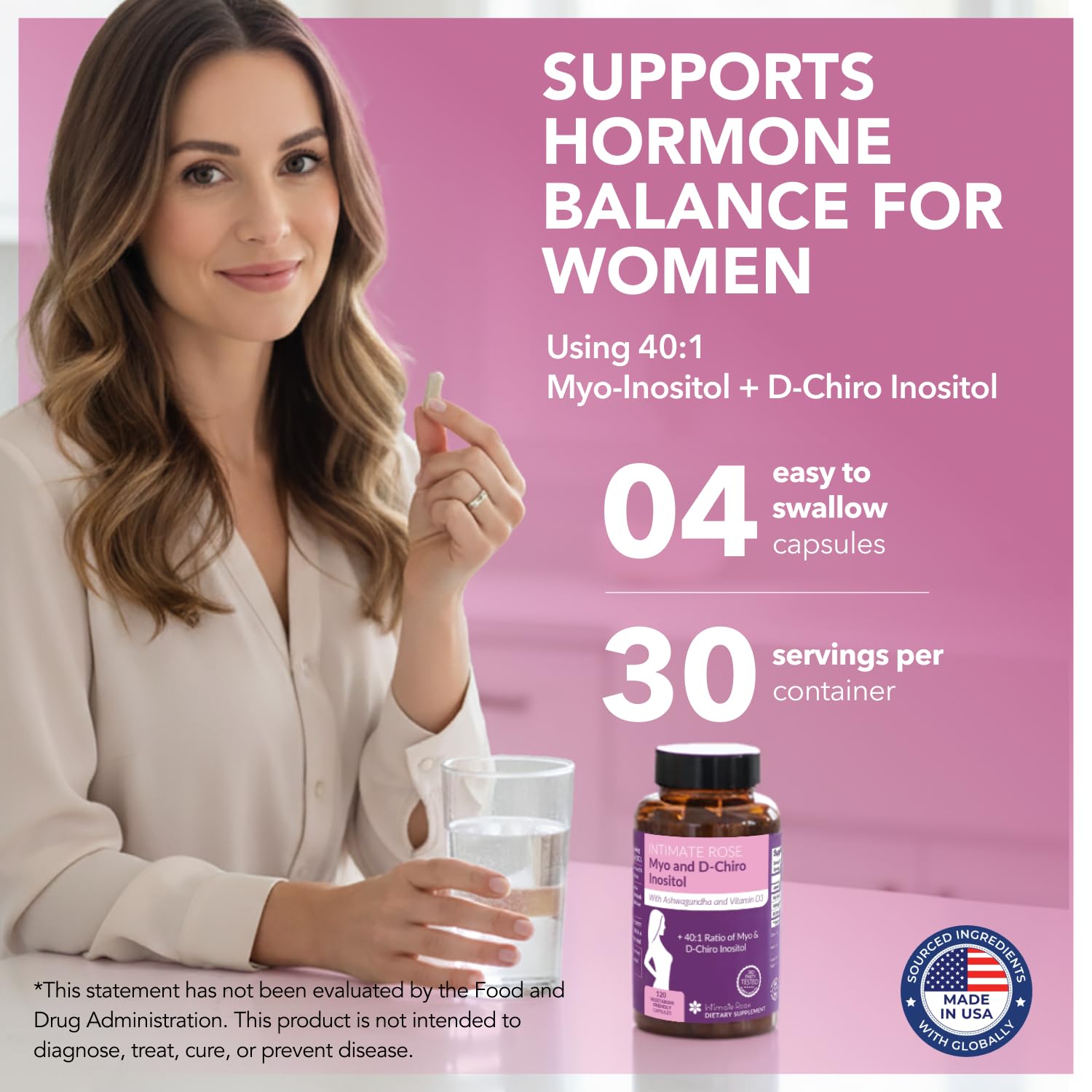 Intimate Rose vegan capsules label highlighting gluten-free and dairy-free.