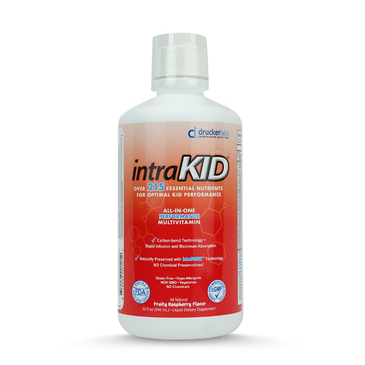 intraKID Drucker Labs liquid multivitamin bottle front shows kid-friendly daily nourishment.
