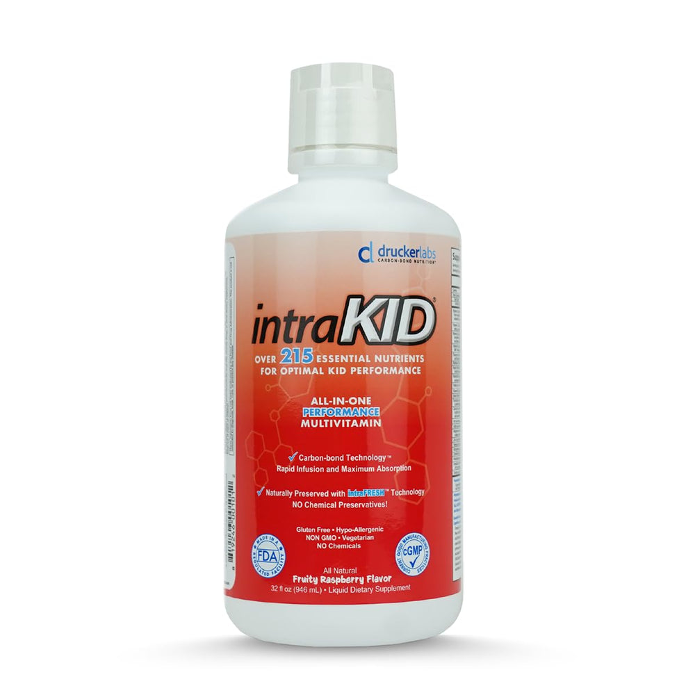 intraKID Drucker Labs liquid multivitamin bottle front shows kid-friendly daily nourishment.