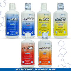 intraKID bottle label highlights 215+ nutrients for balanced daily support.