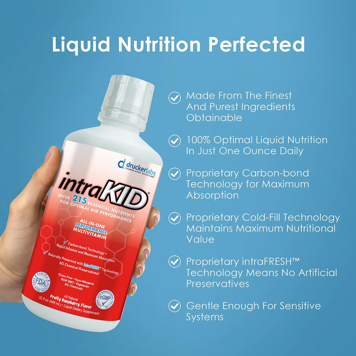 intraKID kid-friendly packaging emphasizes safe, dairy-free, gluten-free formulation.