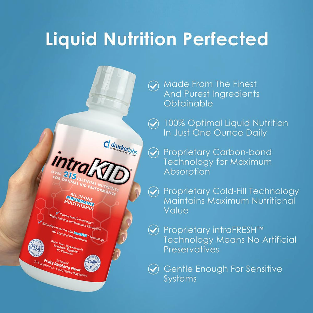 intraKID kid-friendly packaging emphasizes safe, dairy-free, gluten-free formulation.