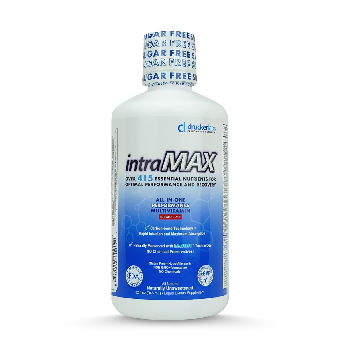 Intramax Drucker Labs bottle front shows sugar-free all-in-one nutrition.