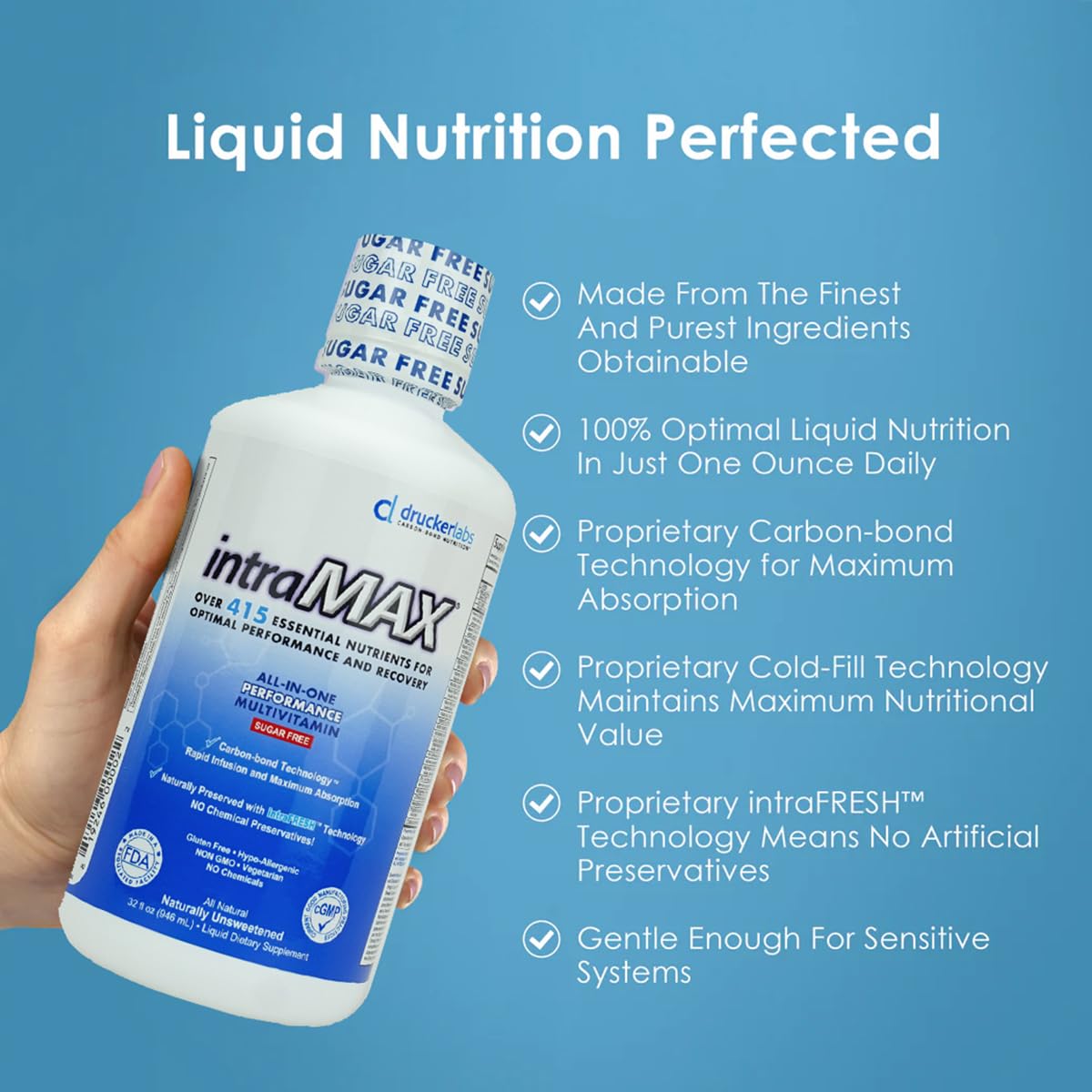 Intramax Drucker Labs glass with liquid shows vibrant daily-nutrition color.