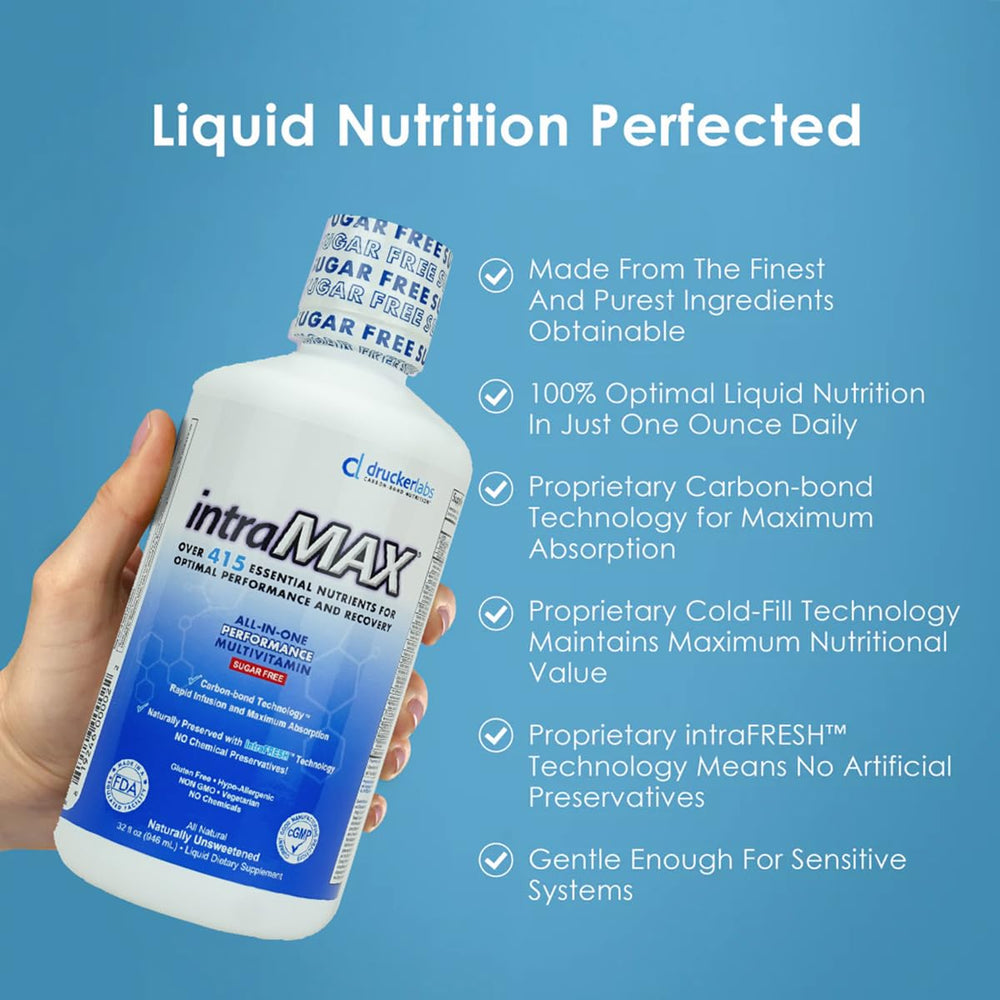 Intramax Drucker Labs glass with liquid shows vibrant daily-nutrition color.