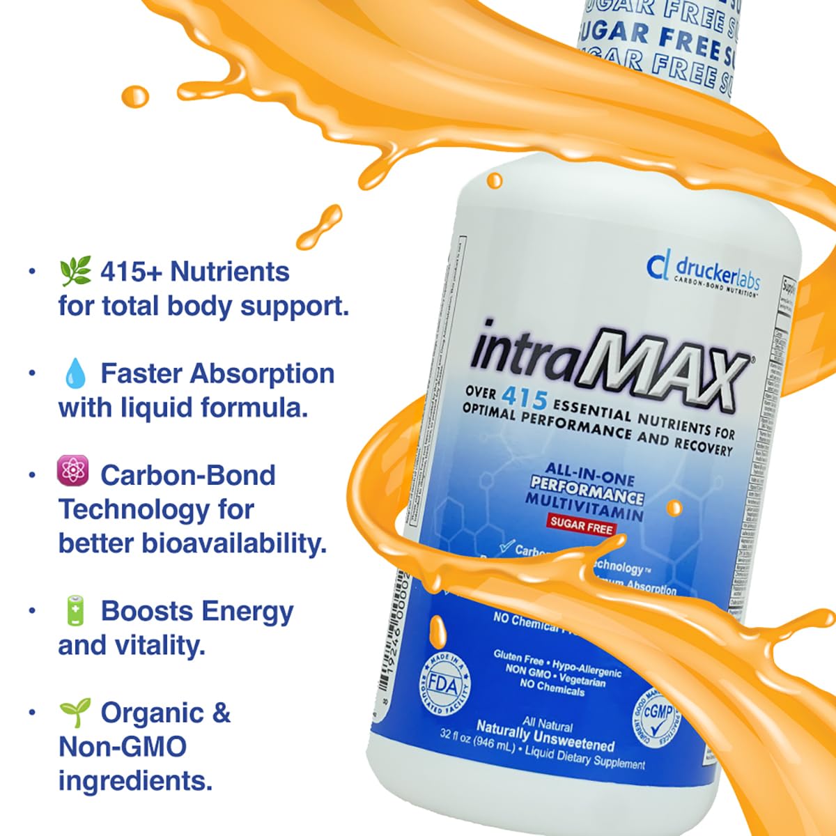 Intramax Drucker Labs close-up of liquid highlights sugar-free formulation.