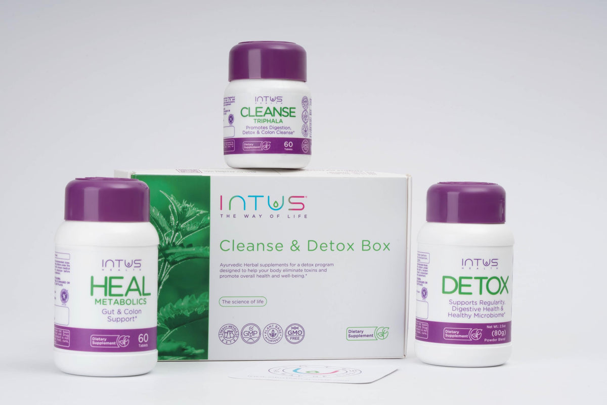 INTUS Detox Box packaging, premium design for easy digestive support.