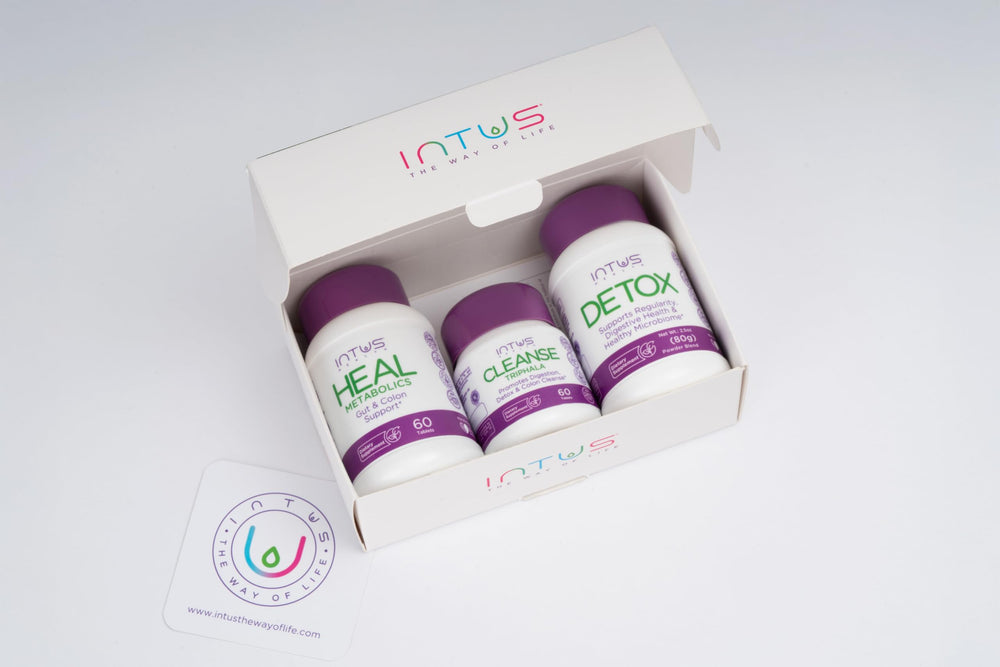 INTUS Detox Box Triphala-Amalaki-Haritaki blend image, natural detox support.