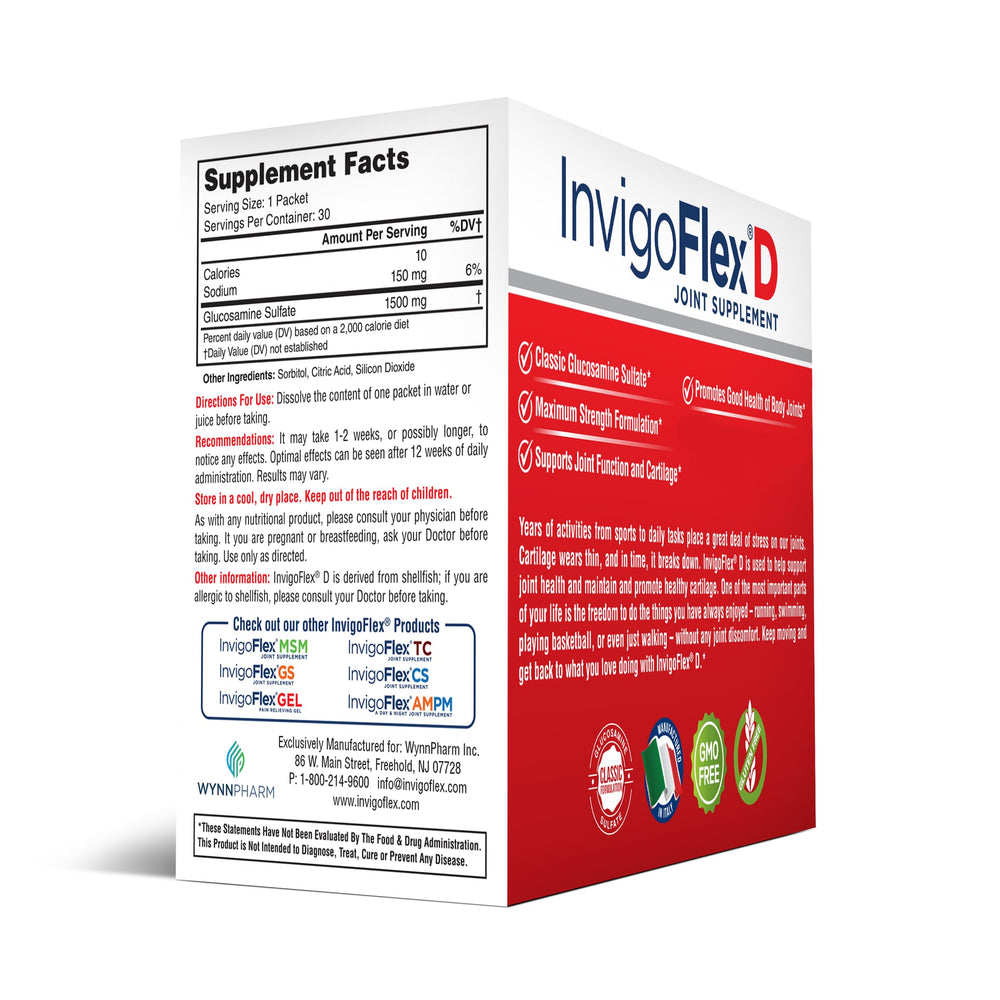 INVIGOFLEX D label close-up showing glucosamine content