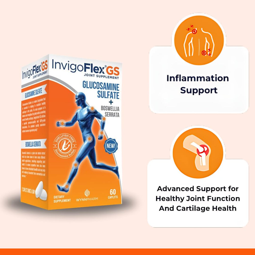 INVIGOFLEX GS capsules with Boswellia Serrata for joint comfort and antioxidant benefits.
