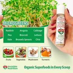 InviNutri organic microgreens blend highlights greens and fruits for nutrition.
