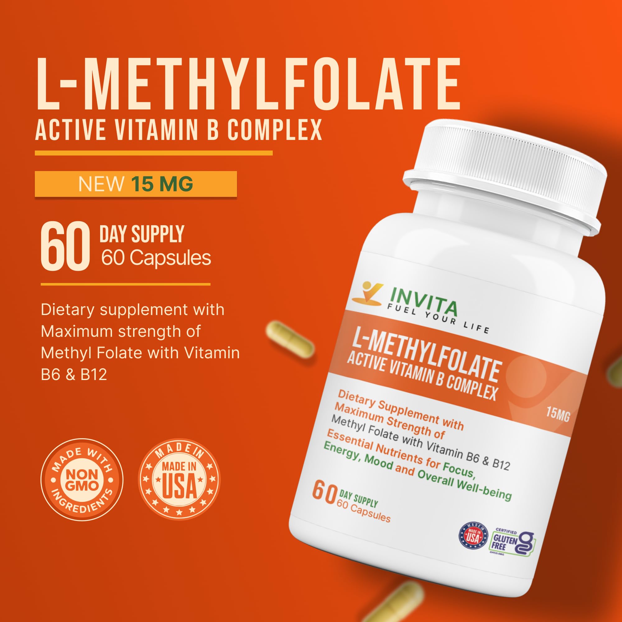INVITA B-Complex capsules highlight methyl B12 and B6 for energy and nervous system health.