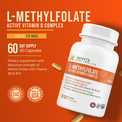 INVITA B-Complex capsules highlight methyl B12 and B6 for energy and nervous system health.