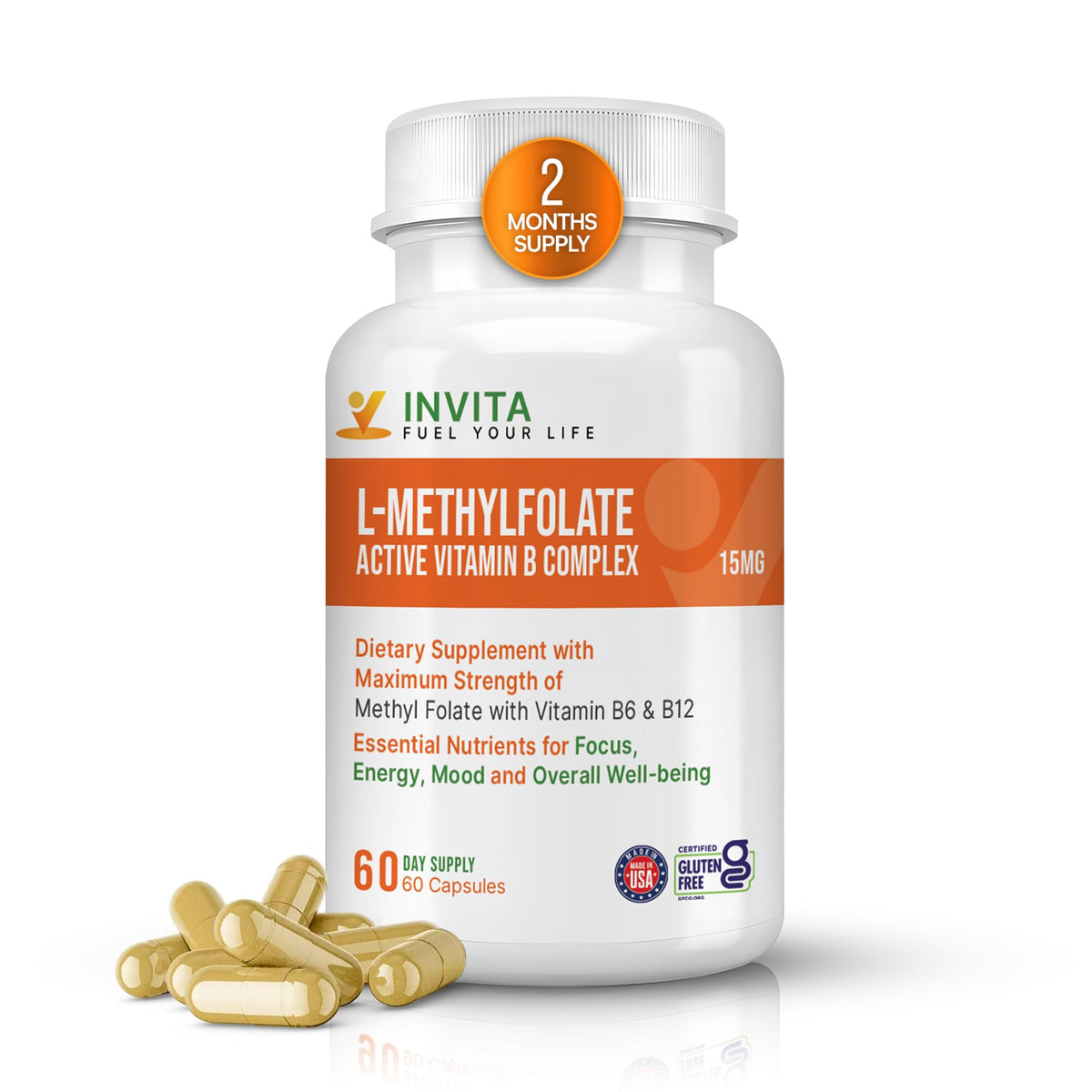 INVITA L-Methylfolate bottle on shelf suggesting daily mood and energy support.
