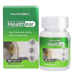 Invivotec Healthear bottle pour showing measured dose for daily ear comfort.