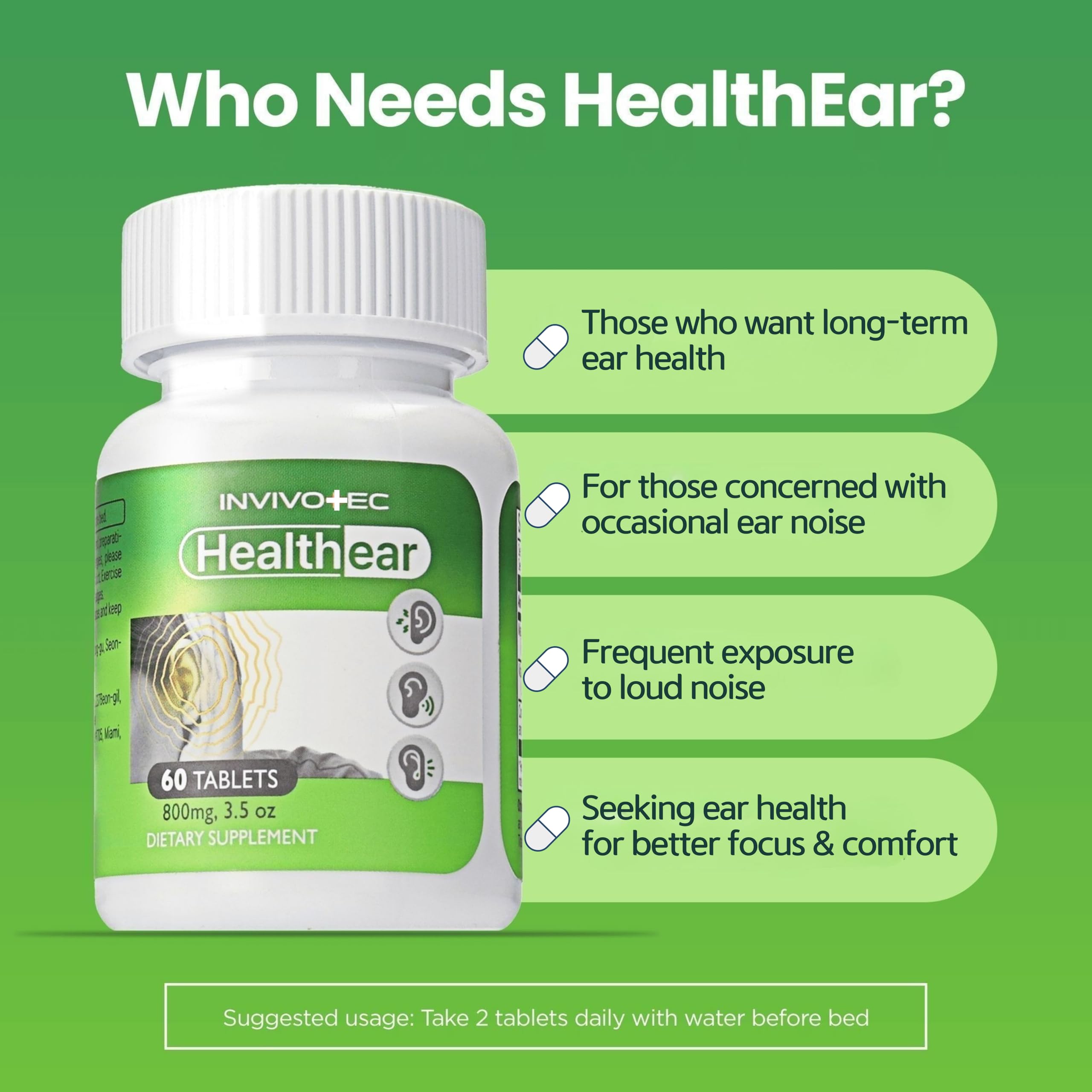 Invivotec Healthear capsules close-up highlighting botanical blend for auditory balance.