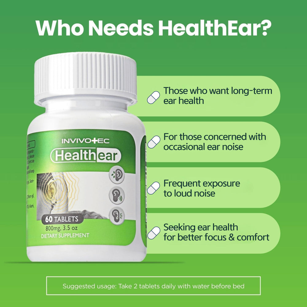Invivotec Healthear capsules close-up highlighting botanical blend for auditory balance.