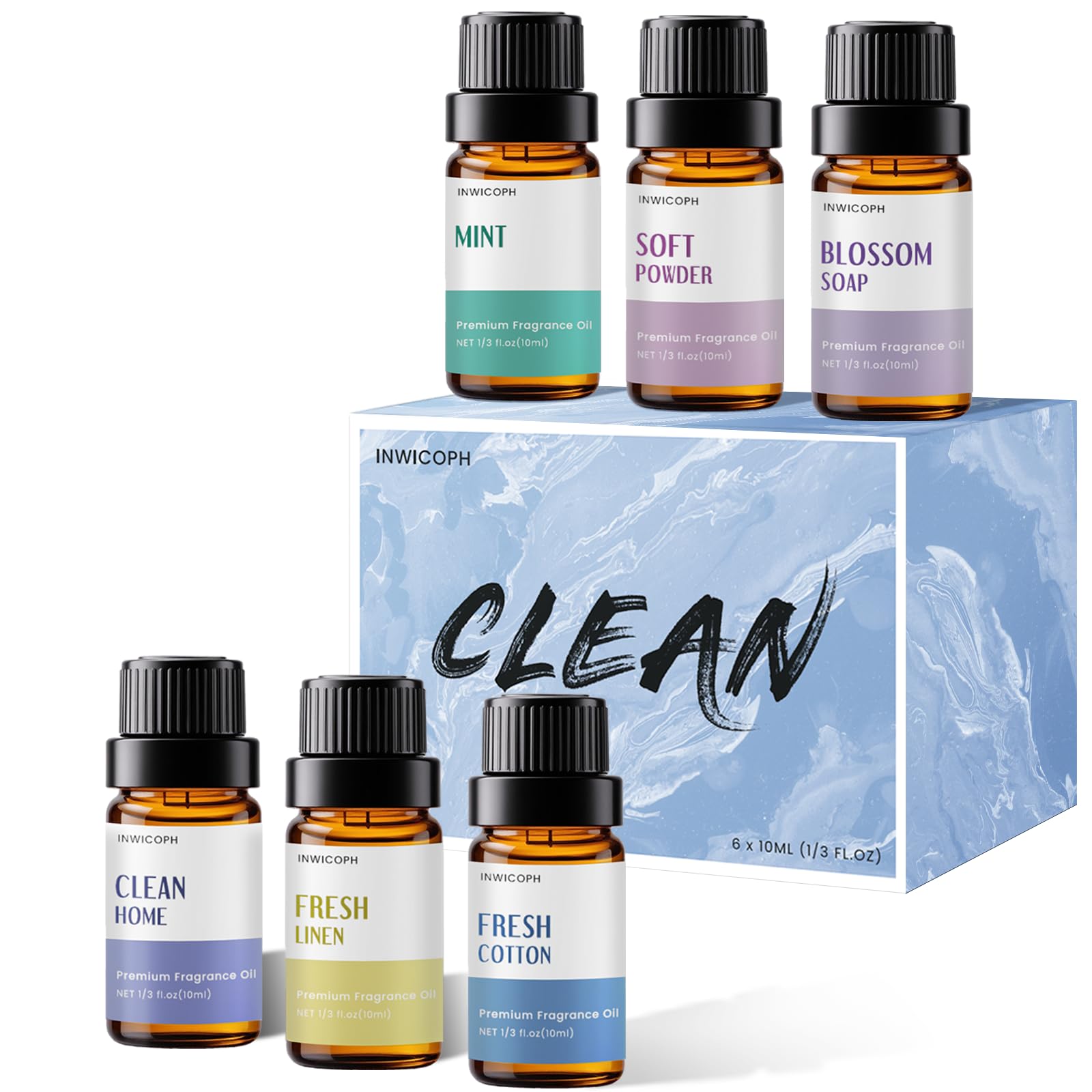 INWICOPH clean fragrance oil set packaging with elegant gift-ready presentation.