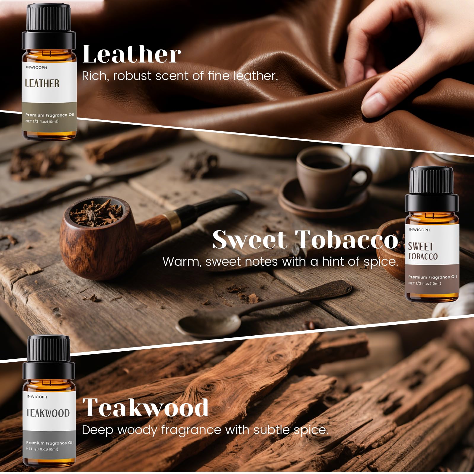 INWICOPH Bay Rum essential oil bottle for diffuser blends and grooming routines.