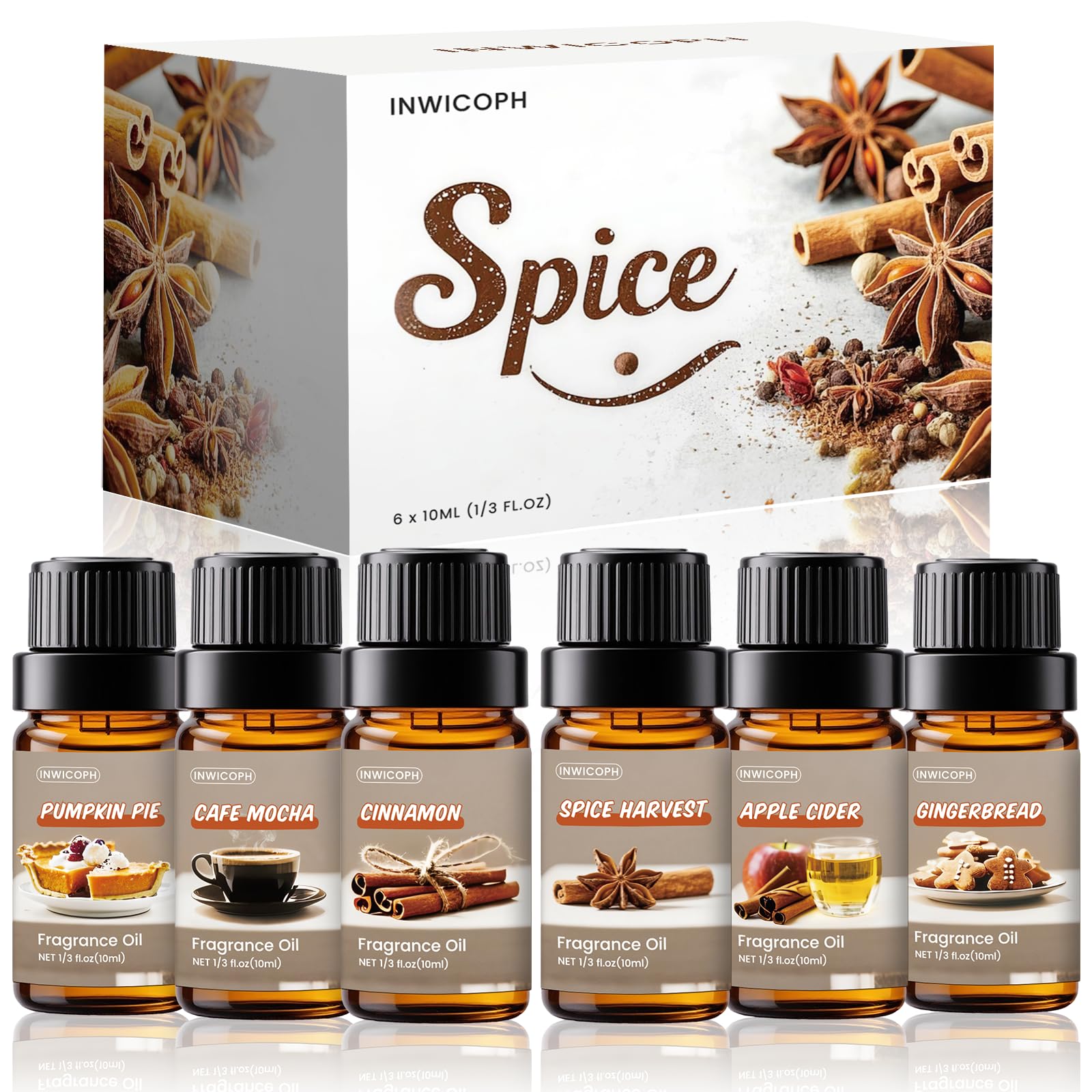 INWICOPH Spice Fragrance Set Cinnamon bottle enhances diffuser ambiance.
