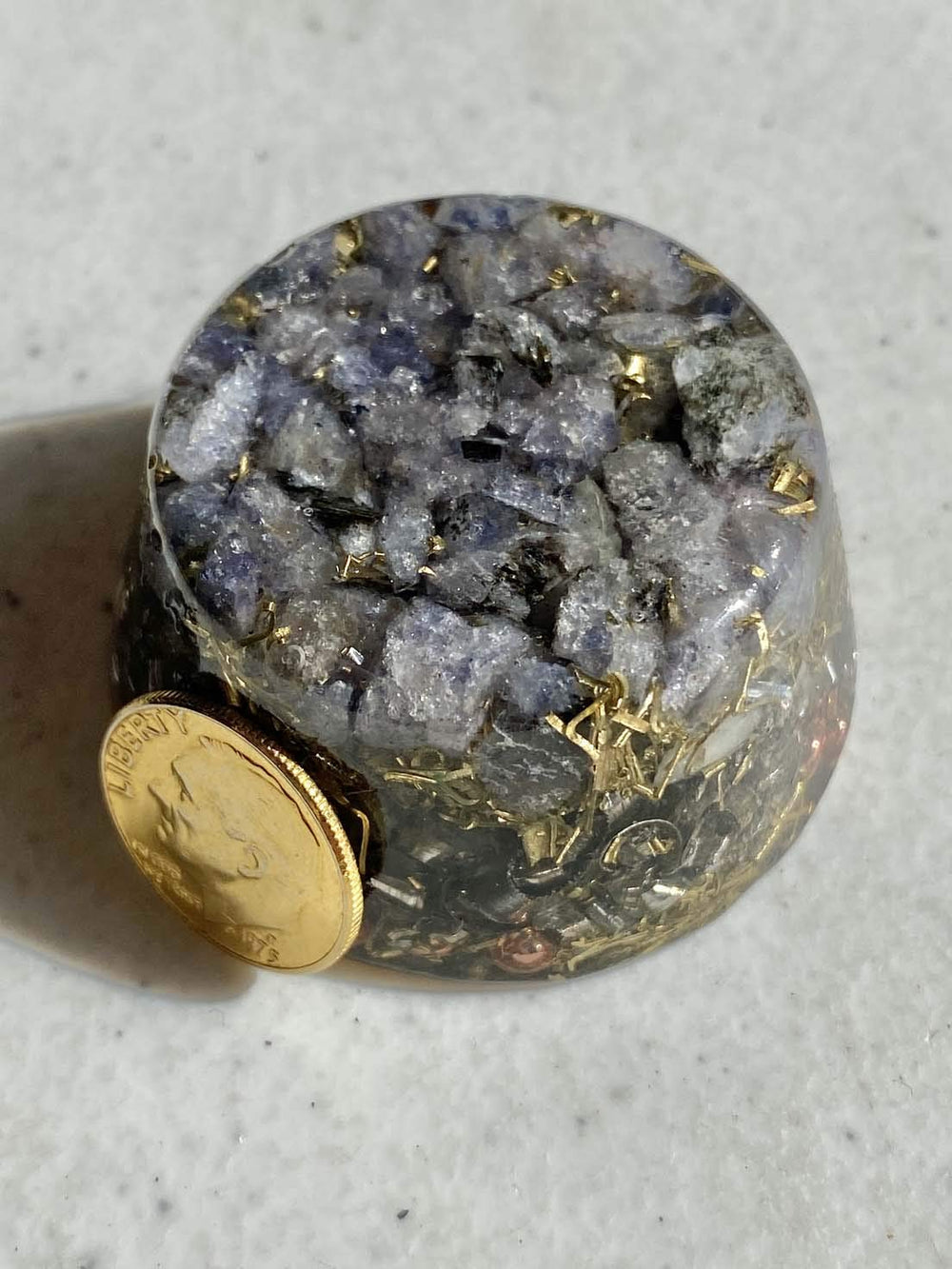 Iolite crystal detail of the orgonite mix and craftsmanship